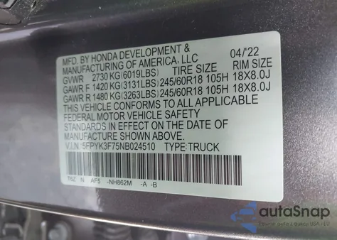 2022 Honda Ridgeline Rtl-E z USA, uszkodzony, nr VIN 5FPYK3F75NB024510